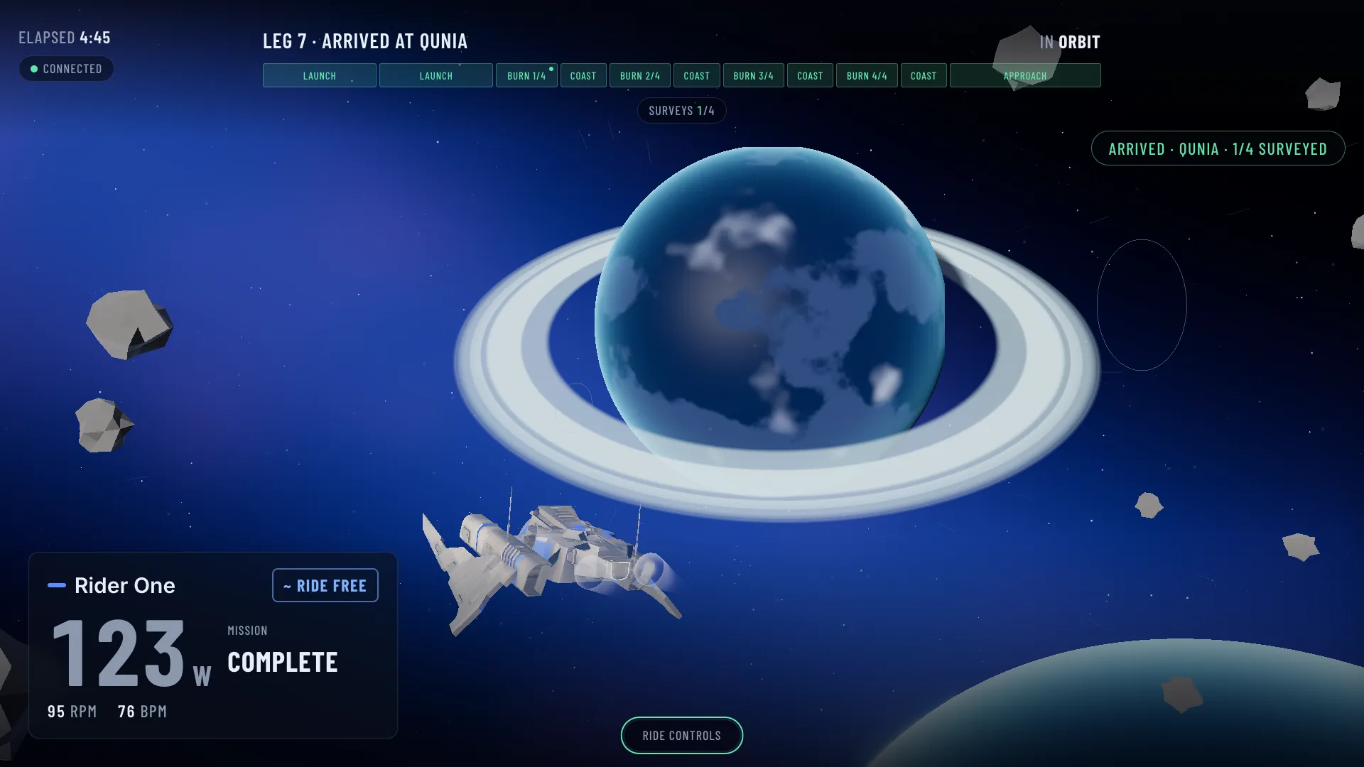 Arrival at the destination: the fleet in orbit and the surveyed features lit around the planet.